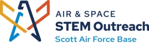 Logo reading “Air & Space STEM Outreach – Scott Air Force Base” with a stylized letter “A” formed by intersecting geometric shapes in blue, gold, and orange on a light background.